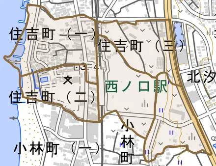住吉町とその周辺の地図。町の範囲を重ねている