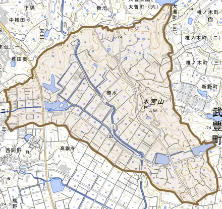 樽水とその周辺の地図。町の範囲を重ねている