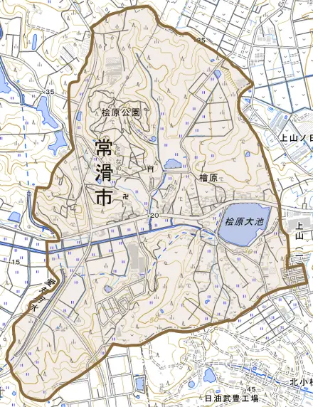 檜原とその周辺の地図。町の範囲を重ねている