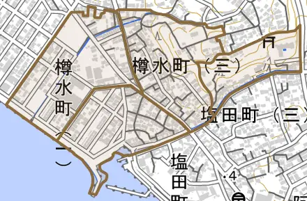樽水町とその周辺の地図。町の範囲を重ねている
