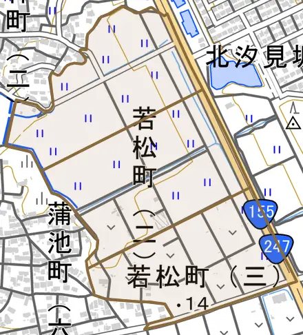 若松町とその周辺の地図。町の範囲を重ねている