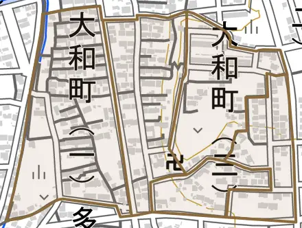 大和町とその周辺の地図。町の範囲を重ねている