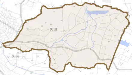 矢田とその周辺の地図。町の範囲を重ねている