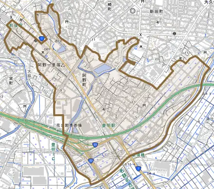阿野町とその周辺の地図。町の範囲を重ねている