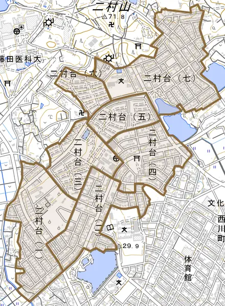 二村台とその周辺の地図。町の範囲を重ねている