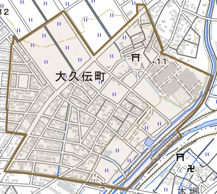 大久伝町とその周辺の地図。町の範囲を重ねている