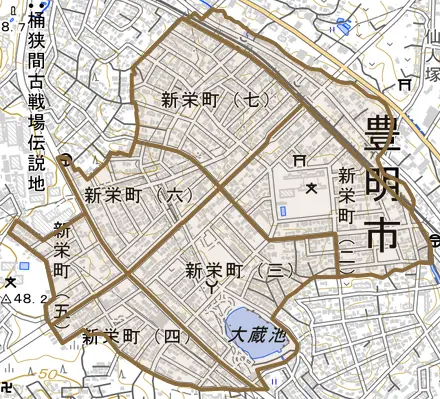 新栄町とその周辺の地図。町の範囲を重ねている