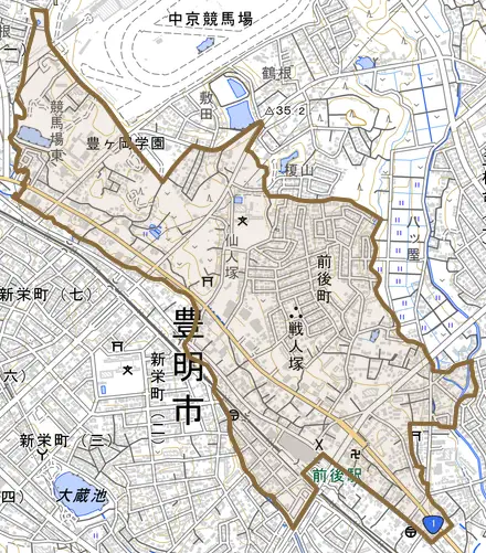 前後町とその周辺の地図。町の範囲を重ねている