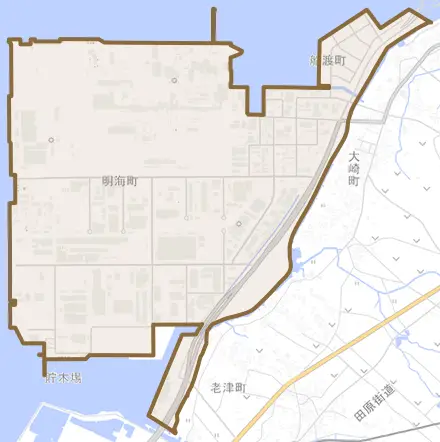 明海町とその周辺の地図。町の範囲を重ねている