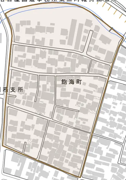 飽海町とその周辺の地図。町の範囲を重ねている