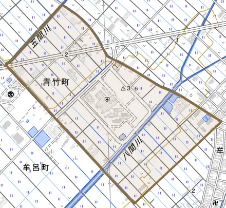 青竹町とその周辺の地図。町の範囲を重ねている
