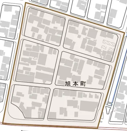 旭本町とその周辺の地図。町の範囲を重ねている