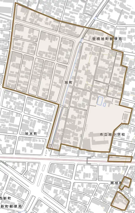 旭町とその周辺の地図。町の範囲を重ねている