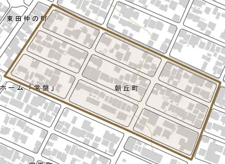朝丘町とその周辺の地図。町の範囲を重ねている