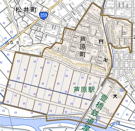 芦原町とその周辺の地図。町の範囲を重ねている