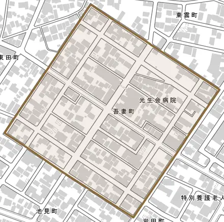 吾妻町とその周辺の地図。町の範囲を重ねている