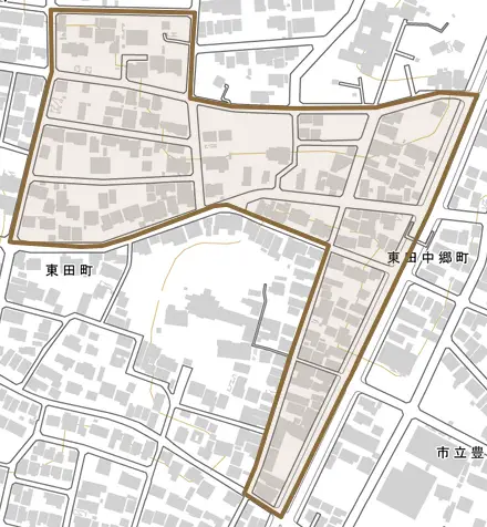 東田中郷町とその周辺の地図。町の範囲を重ねている