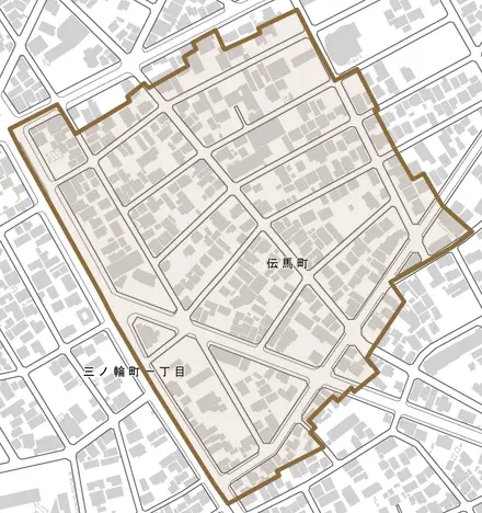 伝馬町とその周辺の地図。町の範囲を重ねている