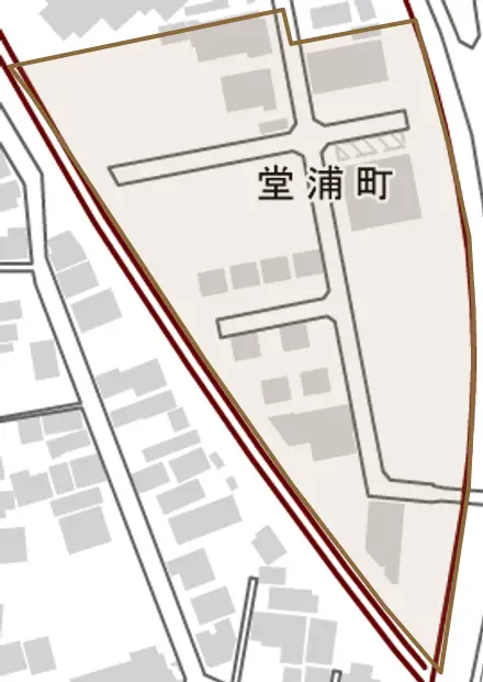 堂浦町とその周辺の地図。町の範囲を重ねている