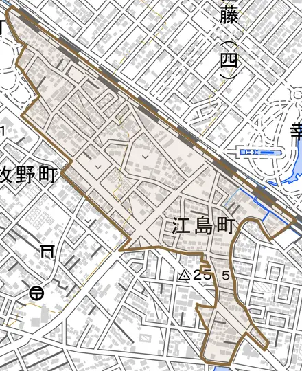 江島町とその周辺の地図。町の範囲を重ねている