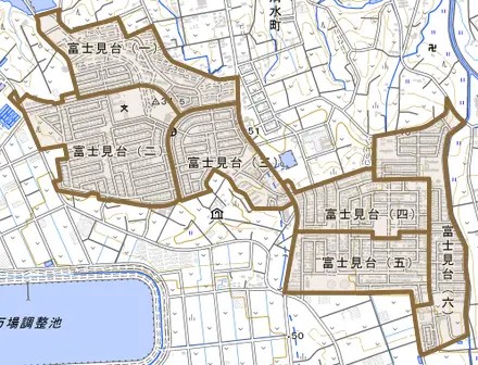 富士見台とその周辺の地図。町の範囲を重ねている