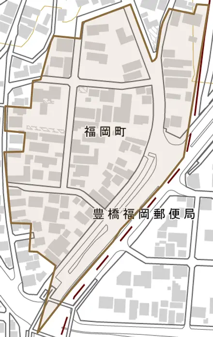 福岡町とその周辺の地図。町の範囲を重ねている
