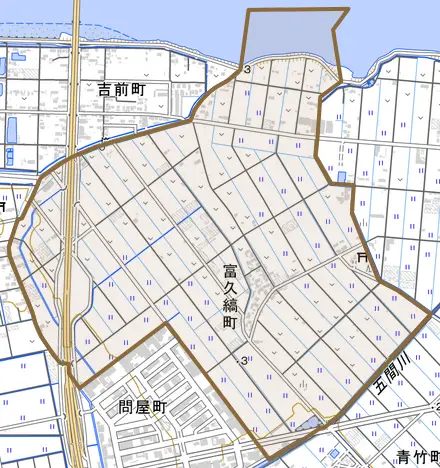 富久縞町とその周辺の地図。町の範囲を重ねている