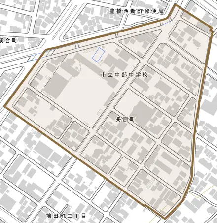 舟原町とその周辺の地図。町の範囲を重ねている