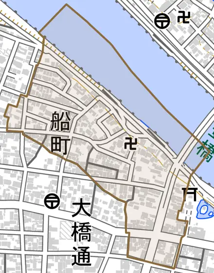 船町とその周辺の地図。町の範囲を重ねている