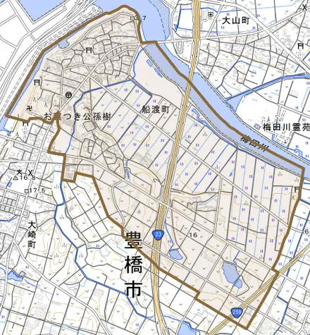 船渡町とその周辺の地図。町の範囲を重ねている