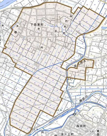 下条東町とその周辺の地図。町の範囲を重ねている