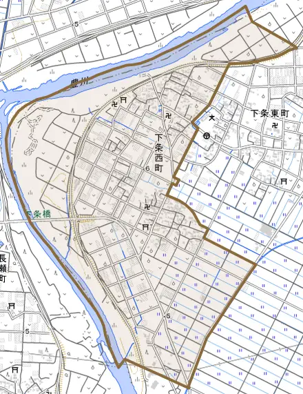 下条西町とその周辺の地図。町の範囲を重ねている