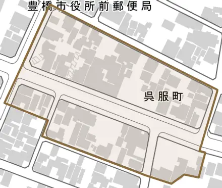 呉服町とその周辺の地図。町の範囲を重ねている