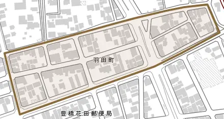 羽田町とその周辺の地図。町の範囲を重ねている