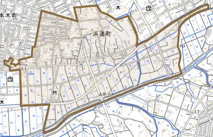 浜道町とその周辺の地図。町の範囲を重ねている