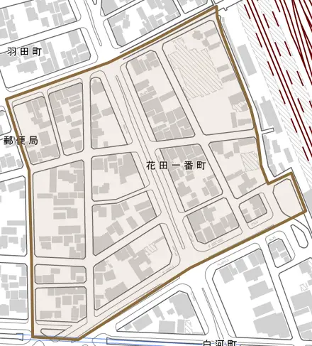 花田一番町とその周辺の地図。町の範囲を重ねている