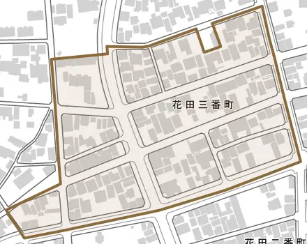 花田三番町とその周辺の地図。町の範囲を重ねている