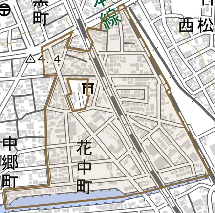 花中町とその周辺の地図。町の範囲を重ねている
