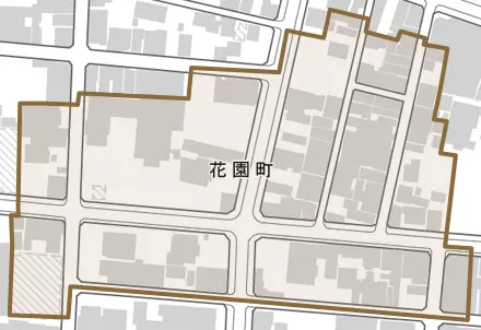 花園町とその周辺の地図。町の範囲を重ねている