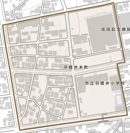羽根井本町とその周辺の地図。町の範囲を重ねている