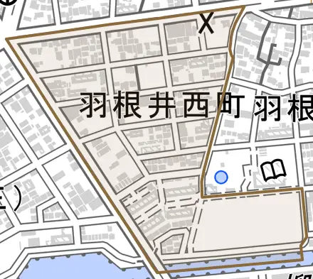 羽根井西町とその周辺の地図。町の範囲を重ねている