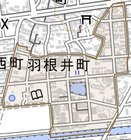 羽根井町とその周辺の地図。町の範囲を重ねている