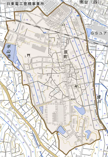 原町とその周辺の地図。町の範囲を重ねている