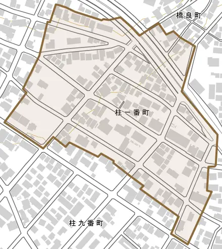 柱一番町とその周辺の地図。町の範囲を重ねている