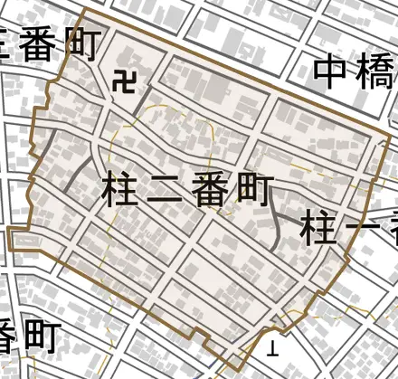 柱二番町とその周辺の地図。町の範囲を重ねている
