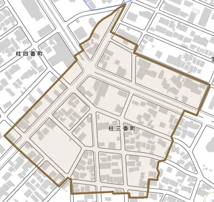 柱三番町とその周辺の地図。町の範囲を重ねている