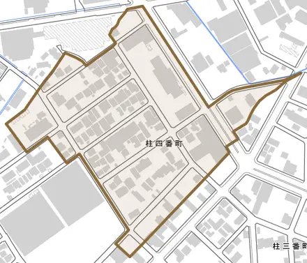 柱四番町とその周辺の地図。町の範囲を重ねている