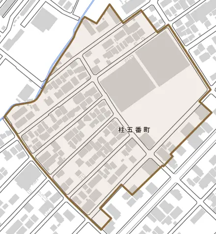 柱五番町とその周辺の地図。町の範囲を重ねている