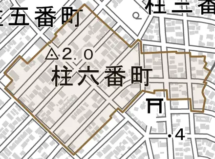柱六番町とその周辺の地図。町の範囲を重ねている