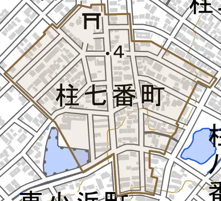 柱七番町とその周辺の地図。町の範囲を重ねている